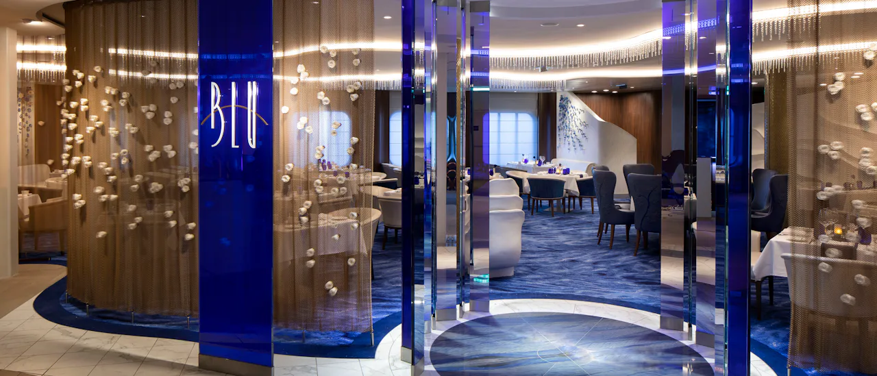 Restaurant Blu is exclusively for Aquaclass stateroom guests. Blu serves healthy gourmet food
