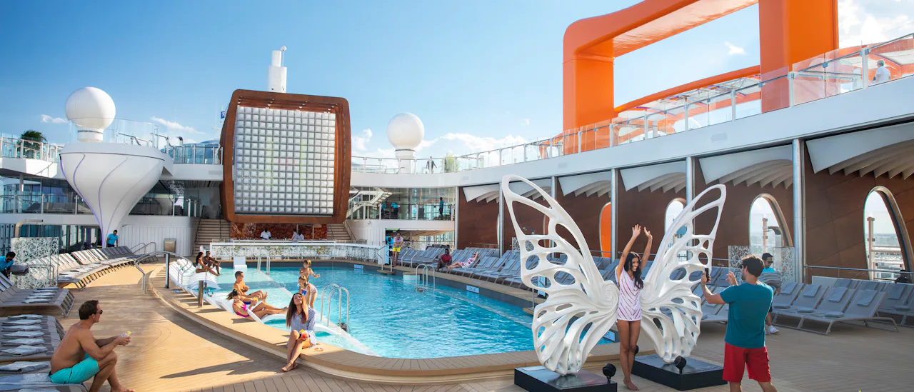 The pool area features one of the longest pools at sea